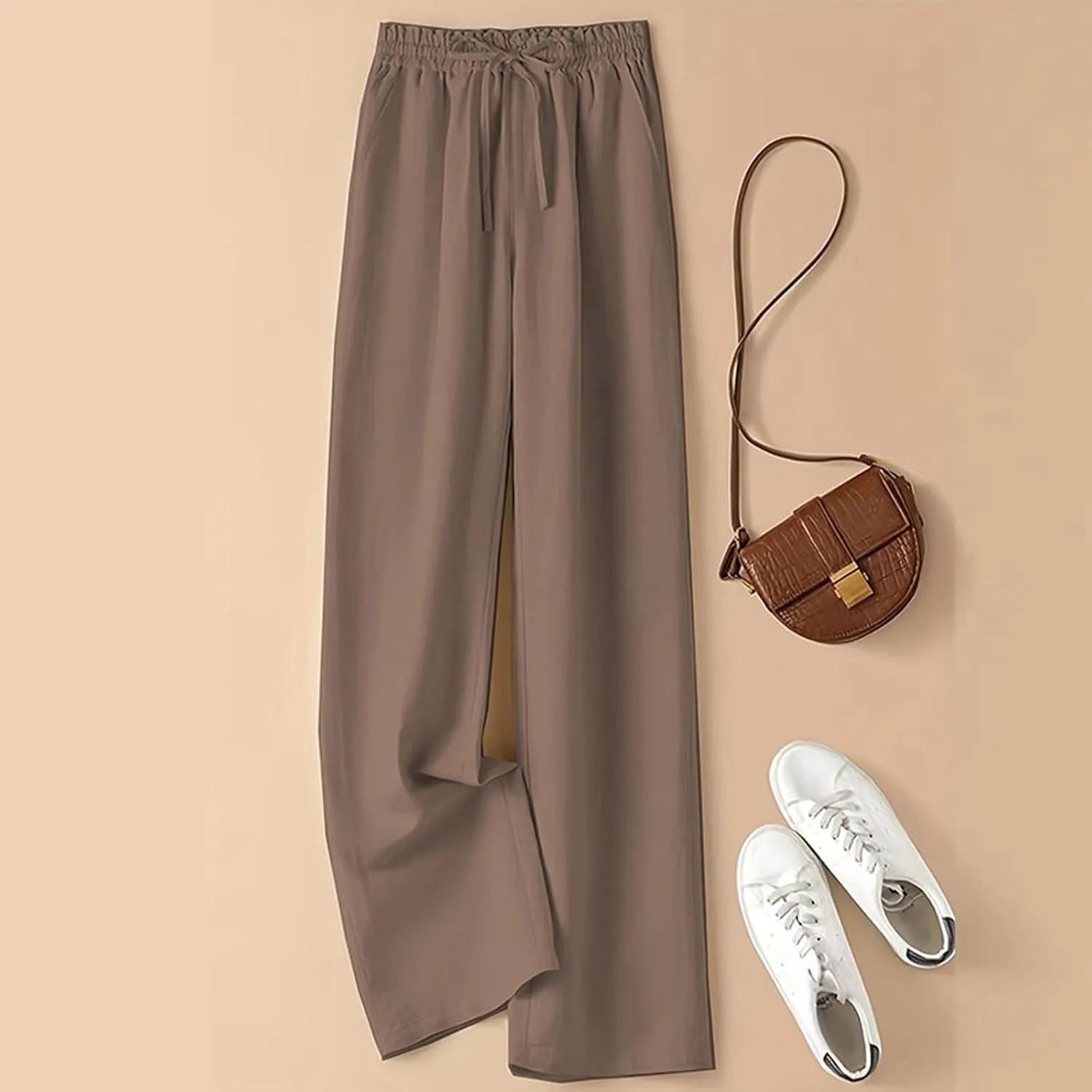 PTOLOCIF Women's Linen Blend Pants Casual Lightweight Wide Leg Palazzo Pant Drawstring Elastic Waist Pants with Pockets