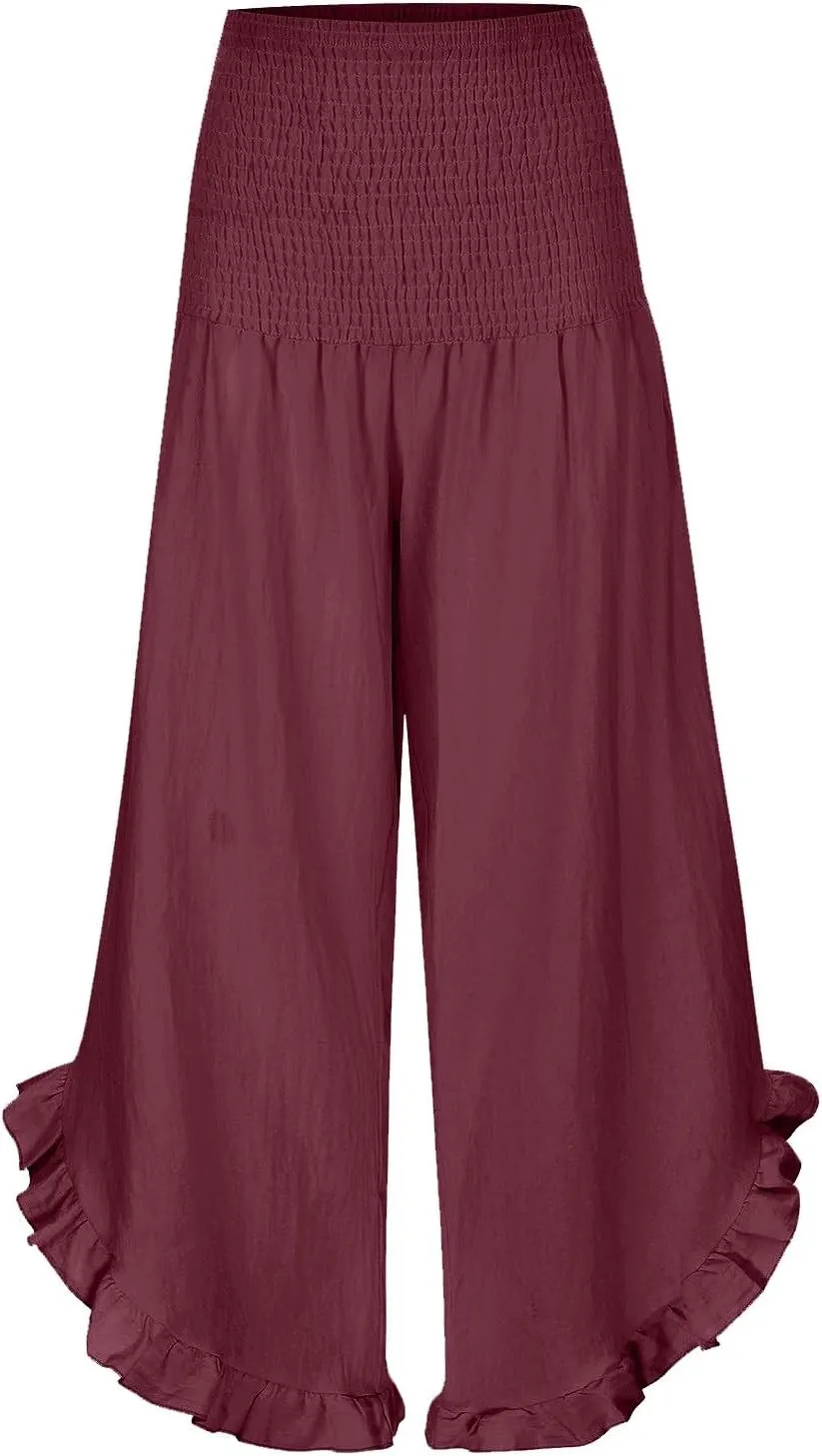 PTOLOCIF Womens Linen Pants Summer Wide Leg Casual Loose Pant Drawstring High Waist Palazzo Pant Trousers with Pockets