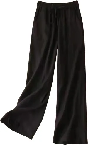 QWENTMTNTY Wide Leg Linen Pants for Women High Waisted Plus Size Casual Summer Pants Drawstring Elastic Straight Leg Pants