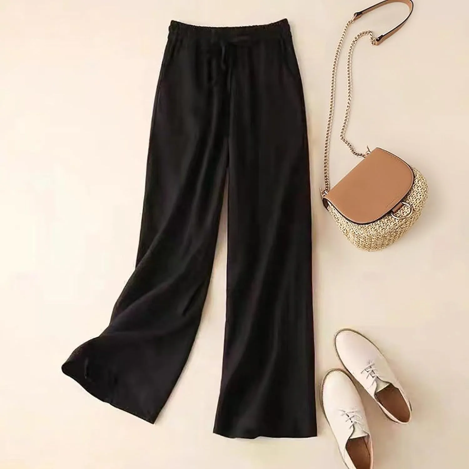 QWENTMTNTY Wide Leg Linen Pants for Women High Waisted Plus Size Casual Summer Pants Drawstring Elastic Straight Leg Pants