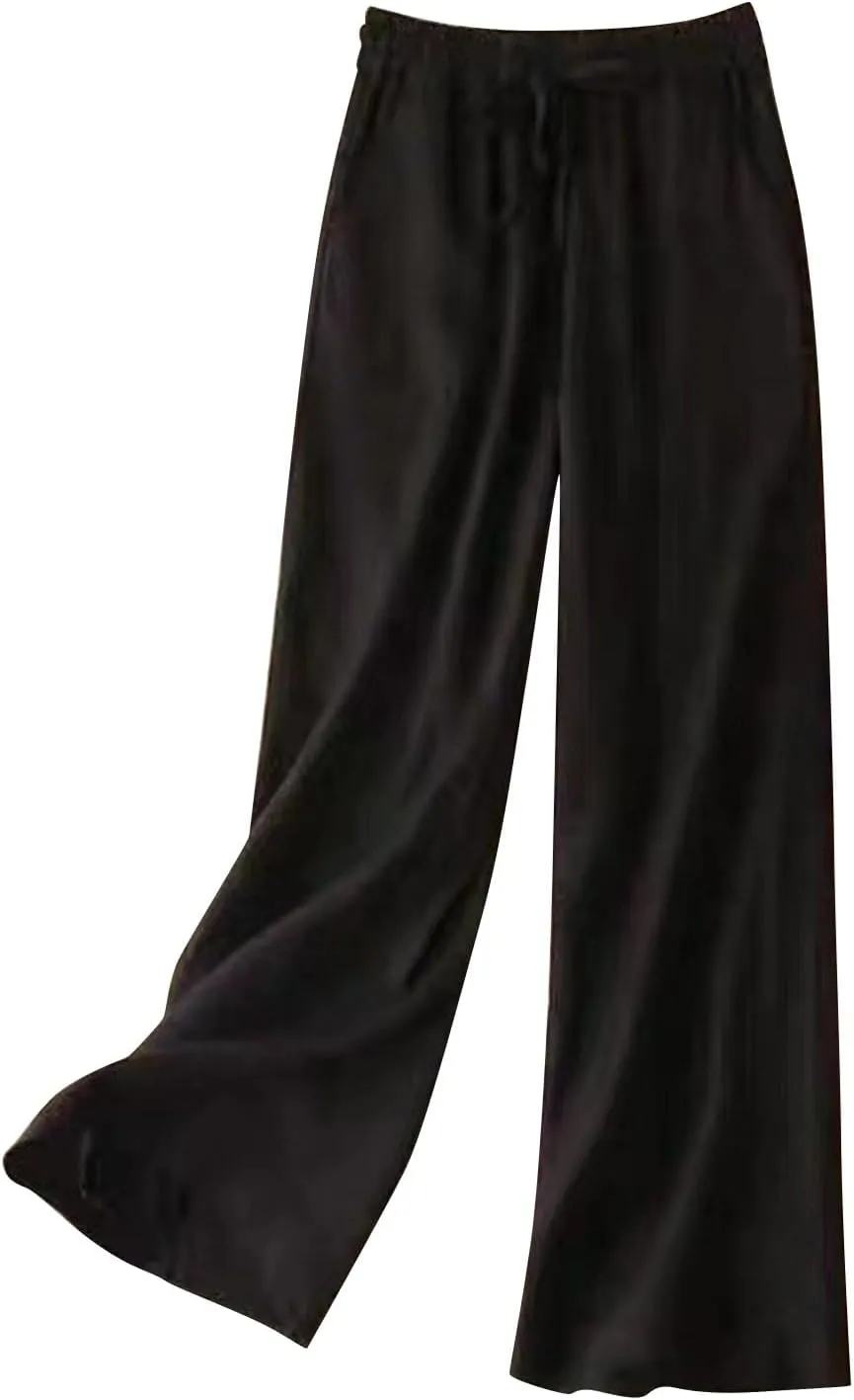 QWENTMTNTY Wide Leg Linen Pants for Women High Waisted Plus Size Casual Summer Pants Drawstring Elastic Straight Leg Pants