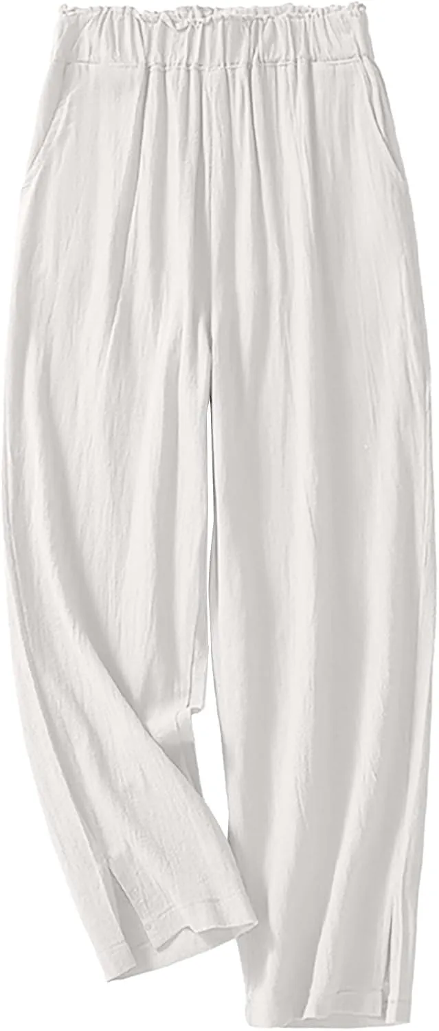 QWENTMTNTY Womens Linen High Waist Wide Leg Capri Pants Comfy Cotton Straight Casual Dressy Summer Cropped Palazzo Pants