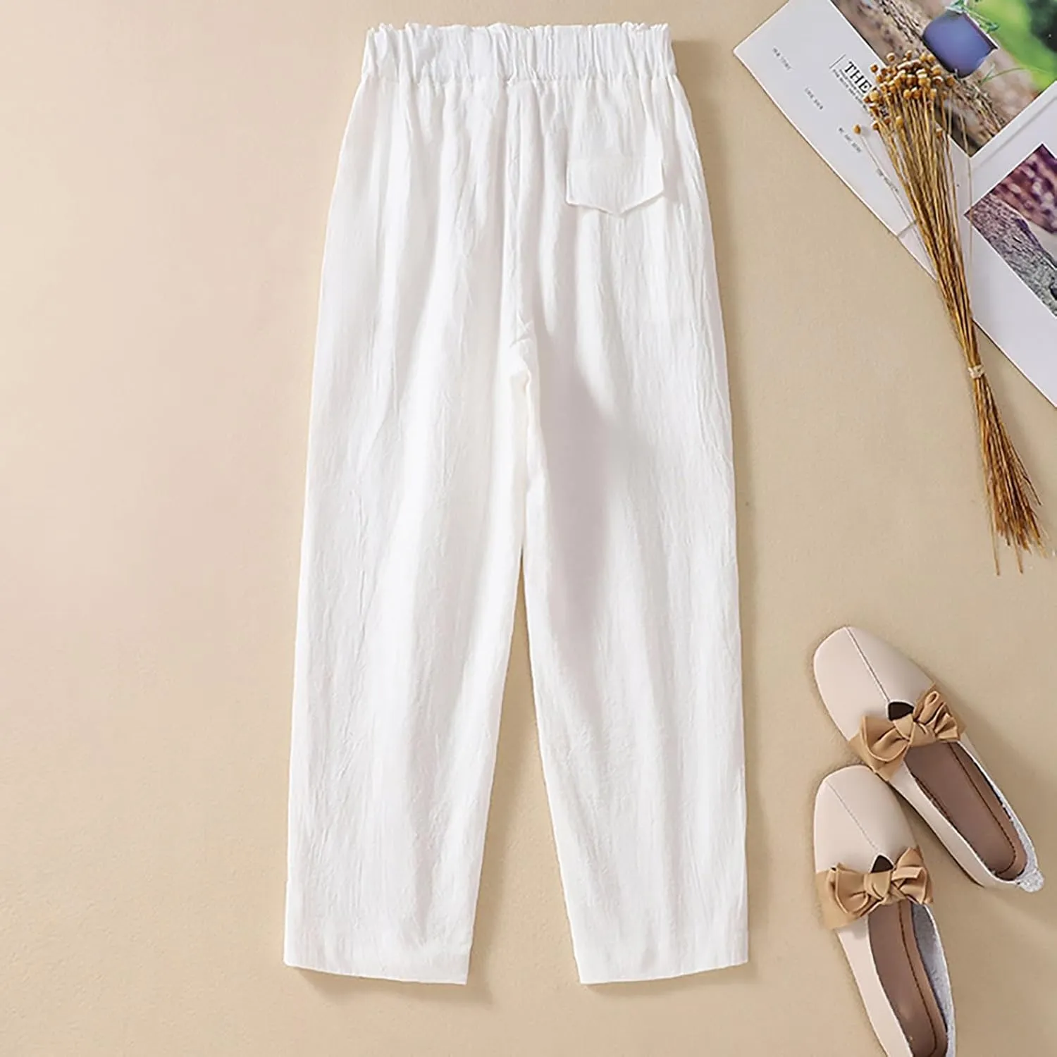 QWENTMTNTY Womens Linen High Waist Wide Leg Capri Pants Comfy Cotton Straight Casual Dressy Summer Cropped Palazzo Pants
