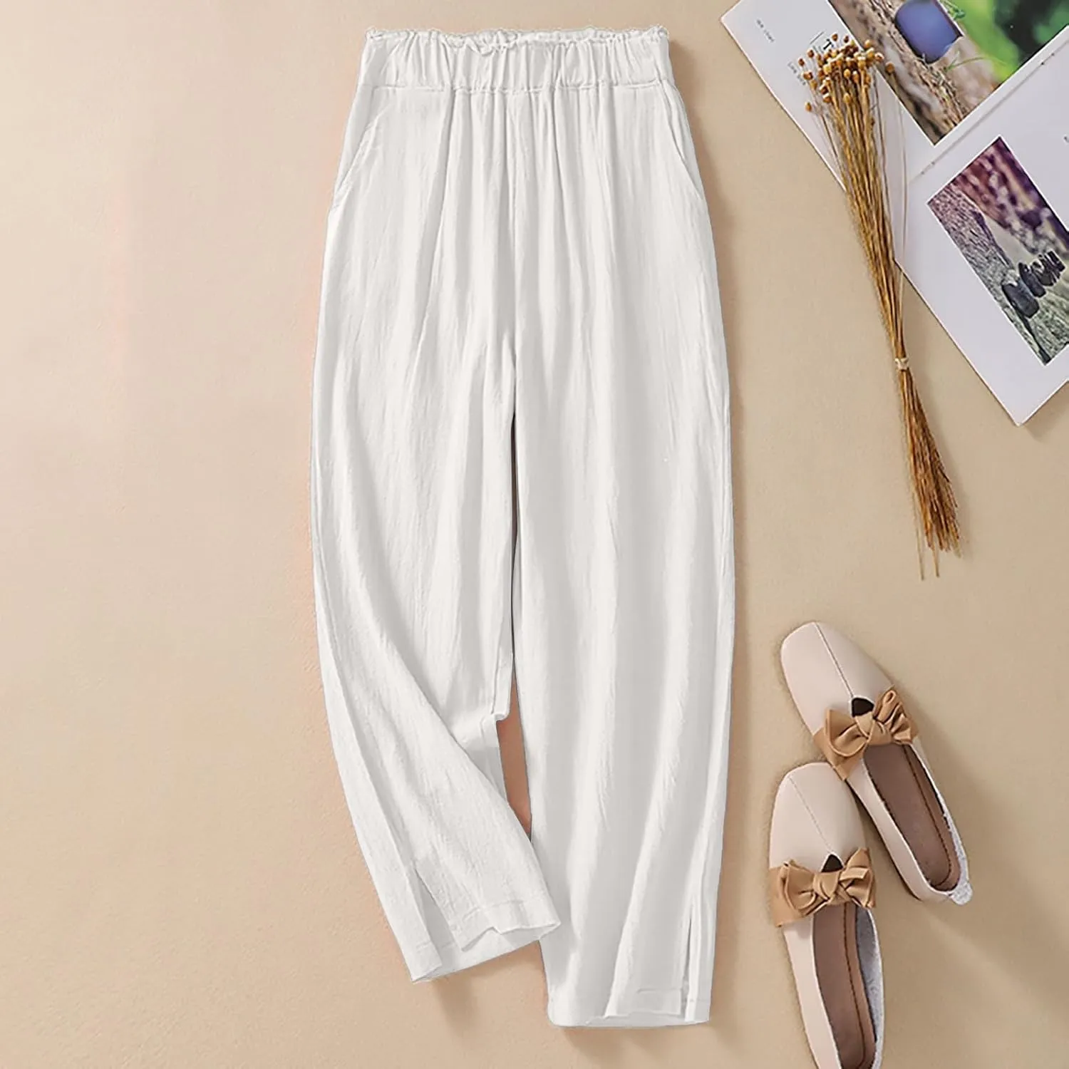 QWENTMTNTY Womens Linen High Waist Wide Leg Capri Pants Comfy Cotton Straight Casual Dressy Summer Cropped Palazzo Pants