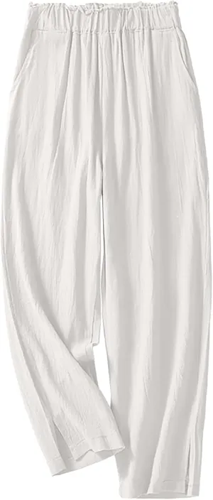 QWENTMTNTY Womens Linen High Waist Wide Leg Capri Pants Comfy Cotton Straight Casual Dressy Summer Cropped Palazzo Pants
