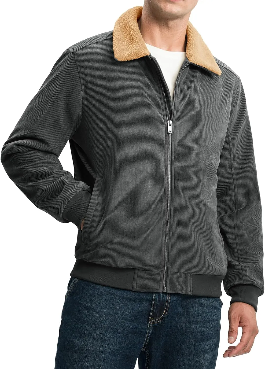 Rdruko Men's Corduroy Fleece Jacket Sherpa Lined Jacket Turn-Down Collar Full Zip Warm Winter Jacket