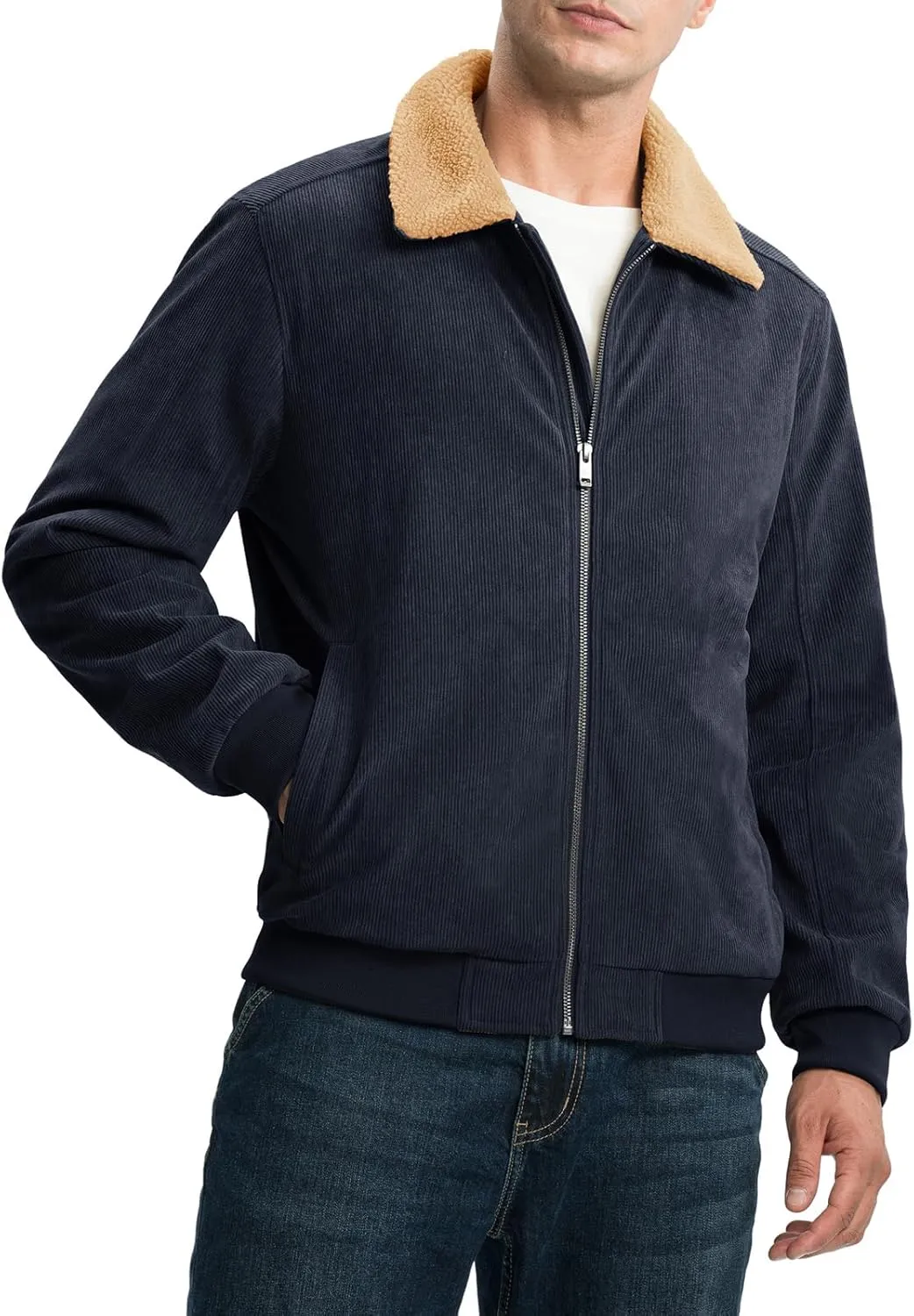 Rdruko Men's Corduroy Fleece Jacket Sherpa Lined Jacket Turn-Down Collar Full Zip Warm Winter Jacket