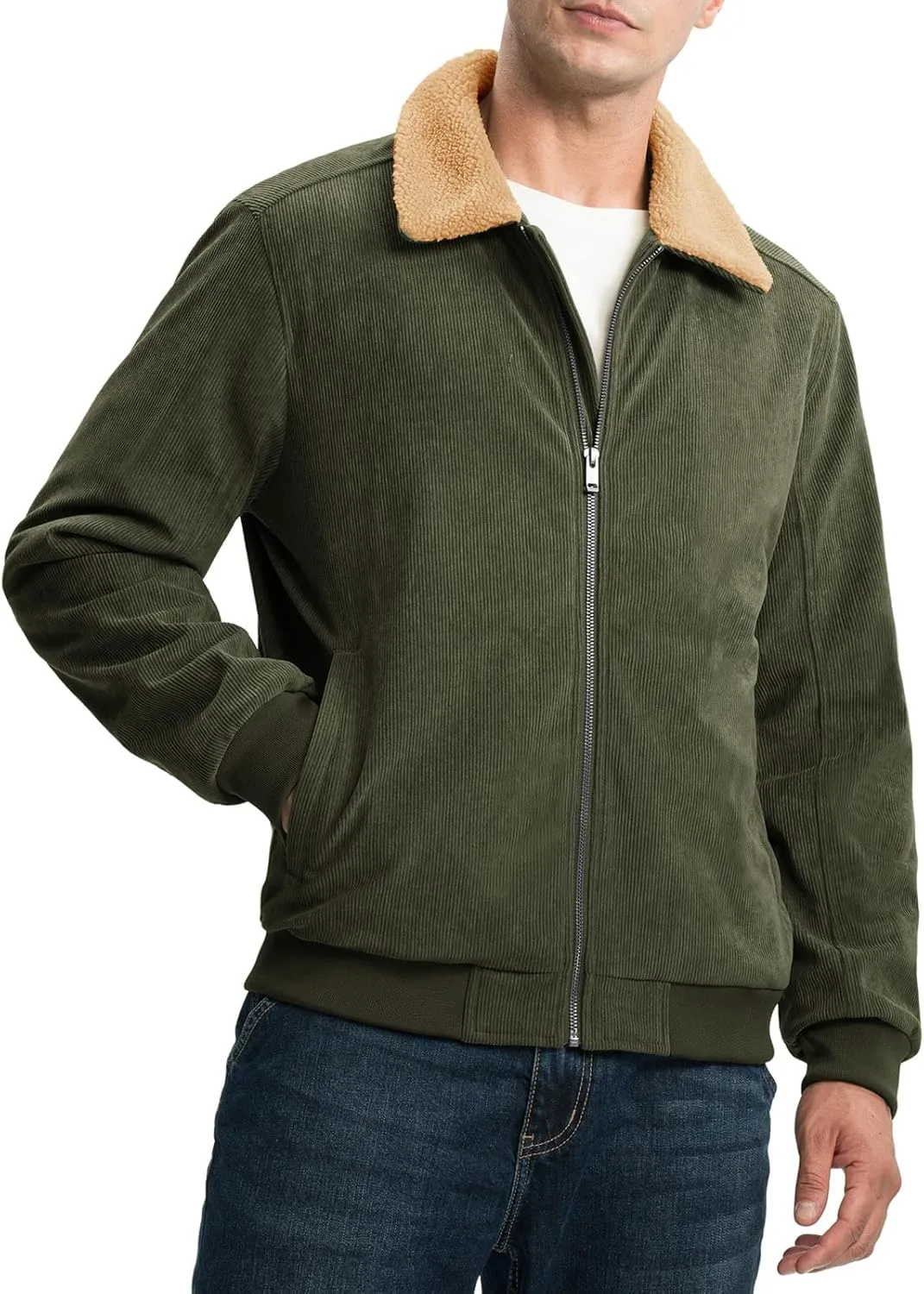 Rdruko Men's Corduroy Fleece Jacket Sherpa Lined Jacket Turn-Down Collar Full Zip Warm Winter Jacket