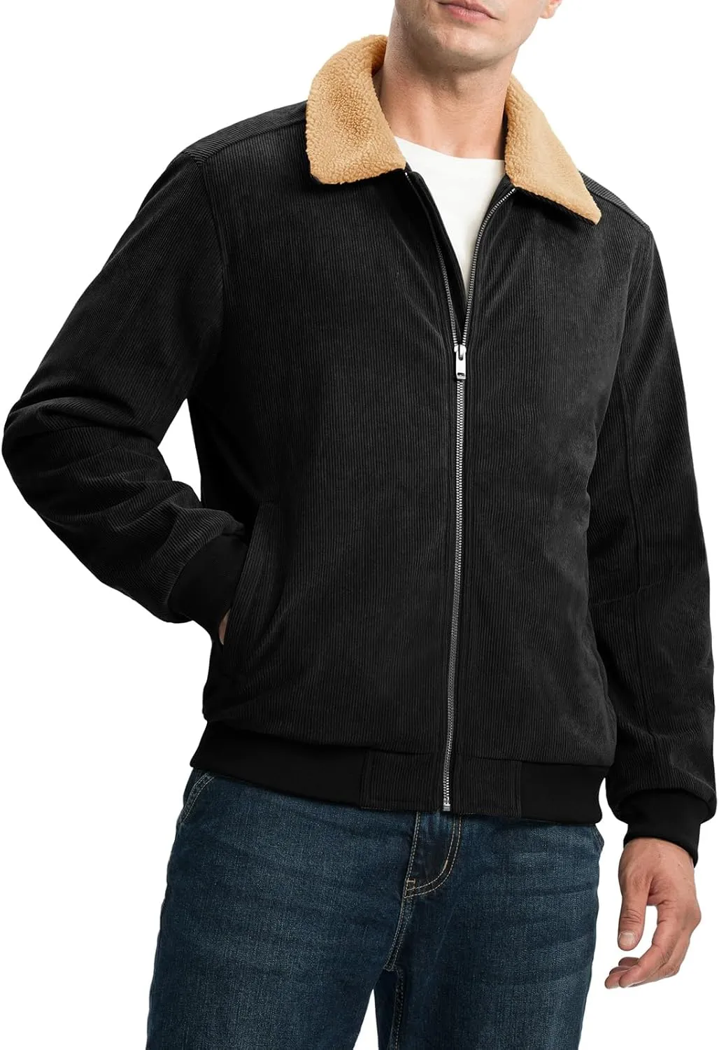Rdruko Men's Corduroy Fleece Jacket Sherpa Lined Jacket Turn-Down Collar Full Zip Warm Winter Jacket