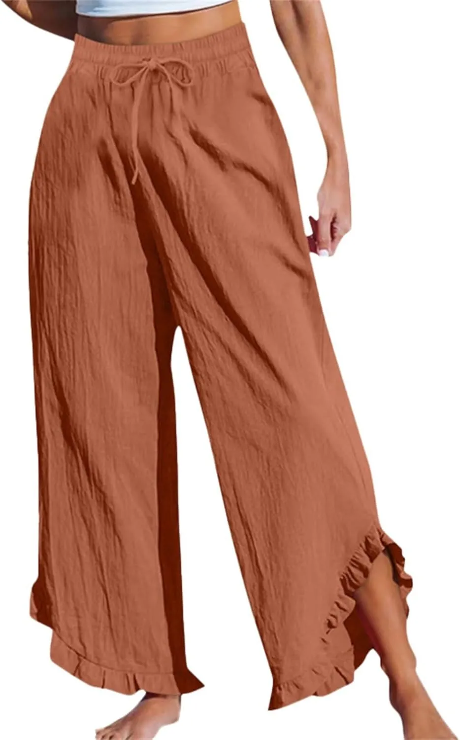 Ruffle Flowy Pants for Women Linen Pants Wide Leg High Waisted Summer Beach Cropped Lightweight Trousers