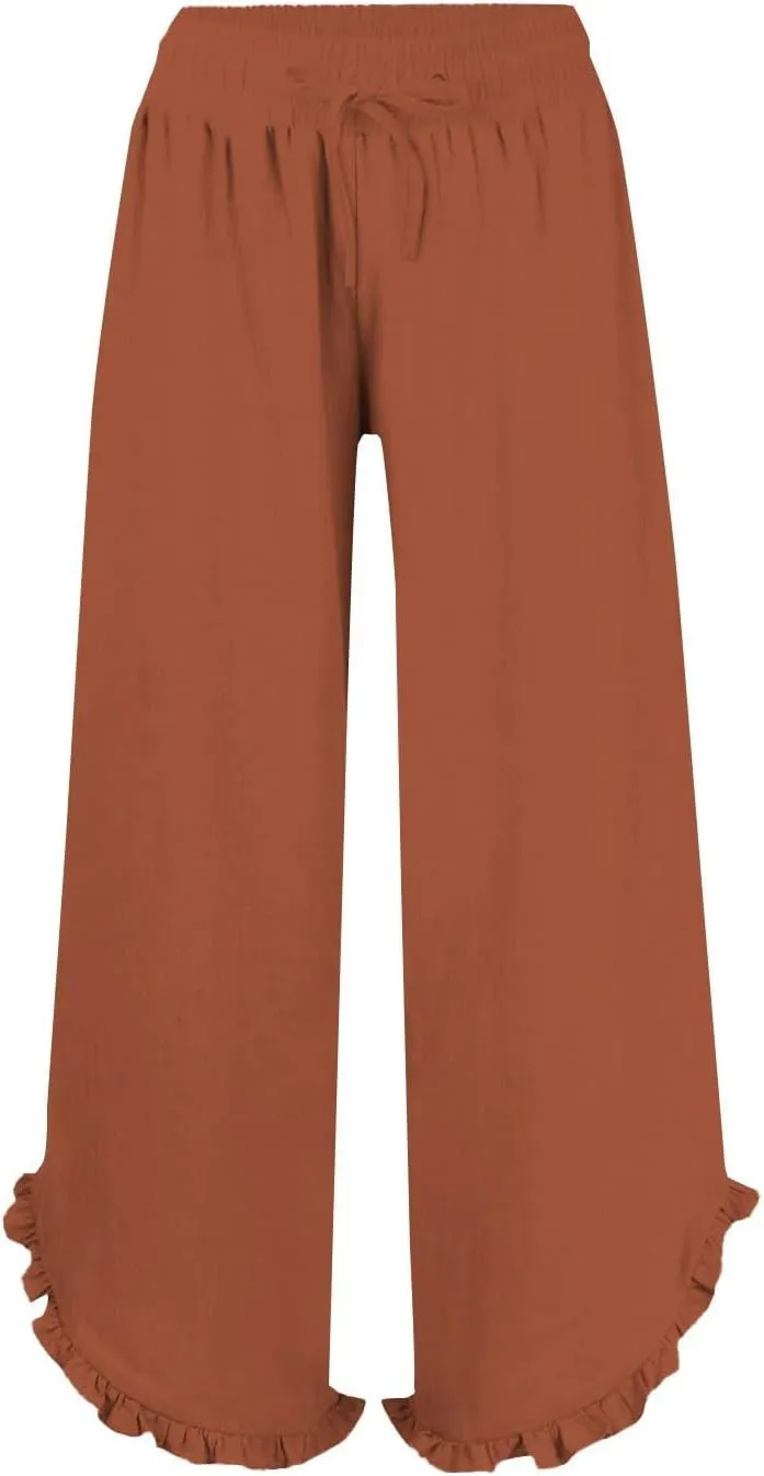 Ruffle Flowy Pants for Women Linen Pants Wide Leg High Waisted Summer Beach Cropped Lightweight Trousers