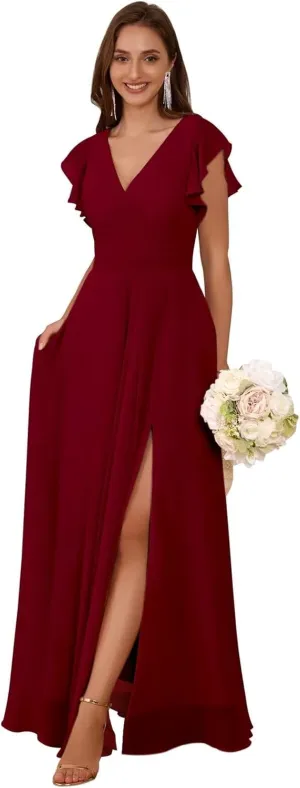Ruffle Sleeve Bridesmaid Dresses for Women V Neck Pleated A Line Long Chiffon Formal Evening Dress with Slit