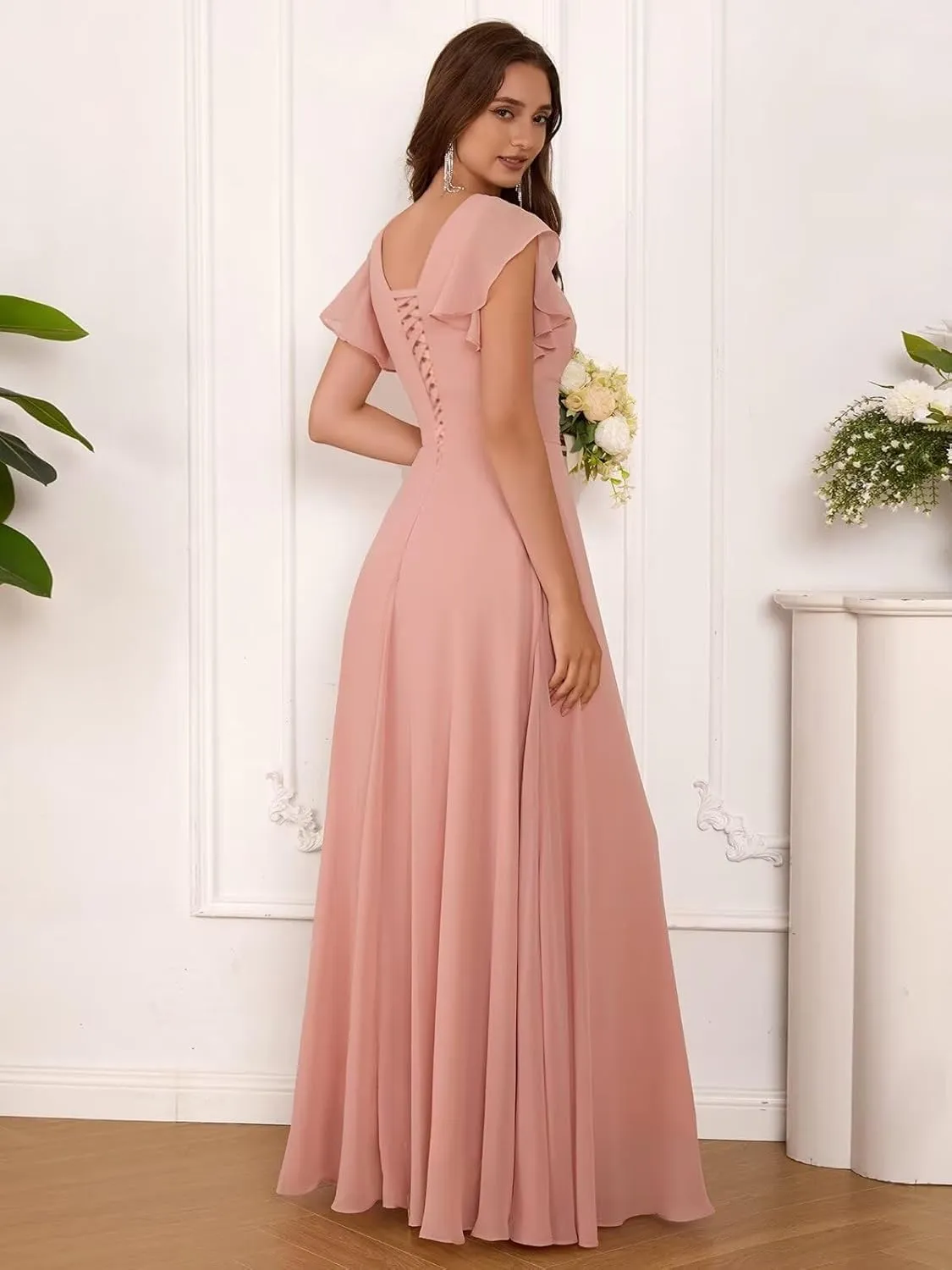 Ruffle Sleeve Bridesmaid Dresses for Women V Neck Pleated A Line Long Chiffon Formal Evening Dress with Slit