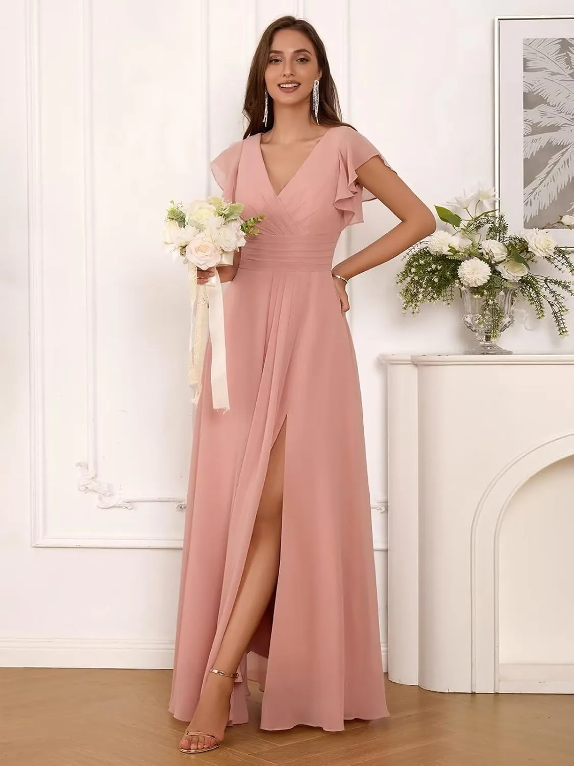 Ruffle Sleeve Bridesmaid Dresses for Women V Neck Pleated A Line Long Chiffon Formal Evening Dress with Slit