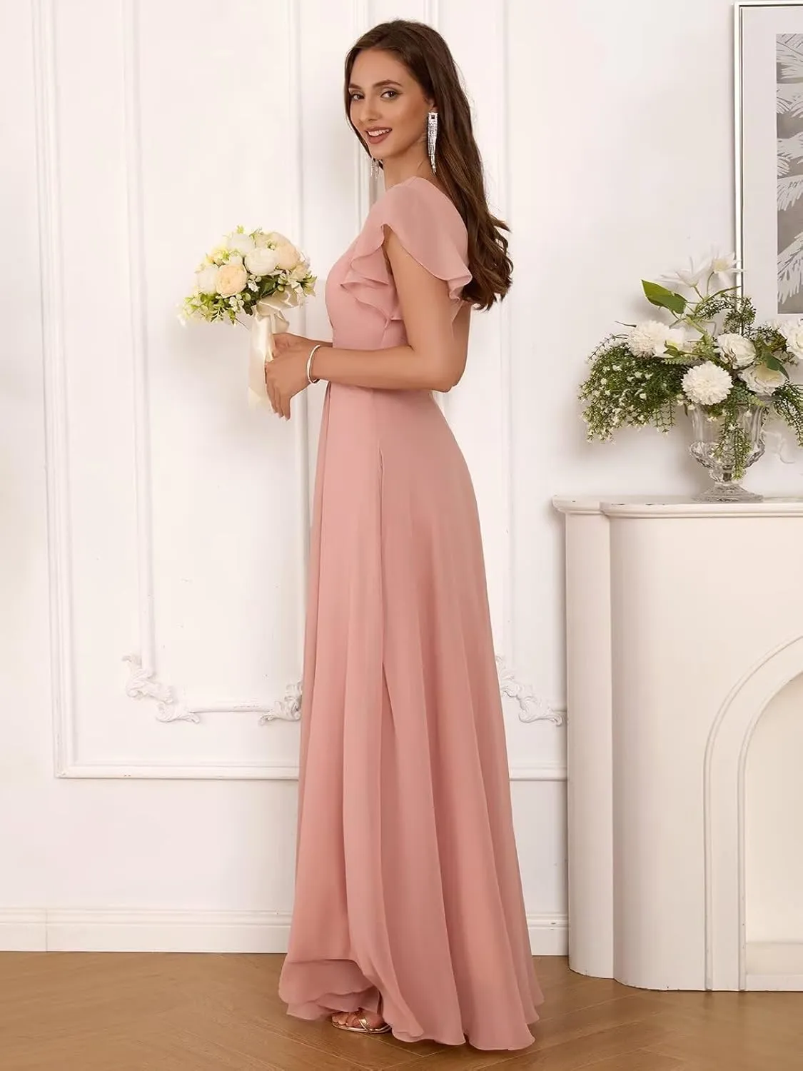 Ruffle Sleeve Bridesmaid Dresses for Women V Neck Pleated A Line Long Chiffon Formal Evening Dress with Slit