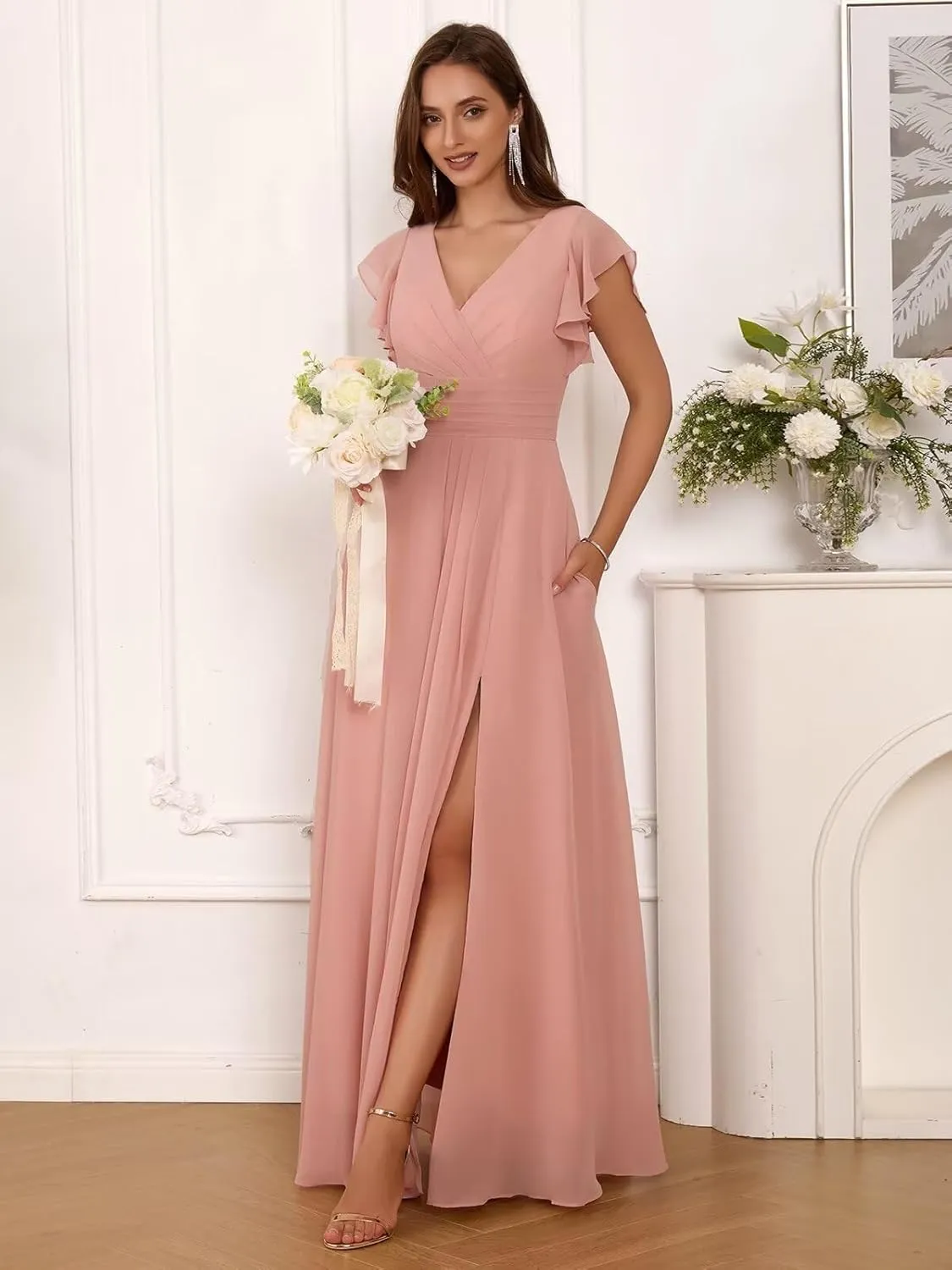 Ruffle Sleeve Bridesmaid Dresses for Women V Neck Pleated A Line Long Chiffon Formal Evening Dress with Slit