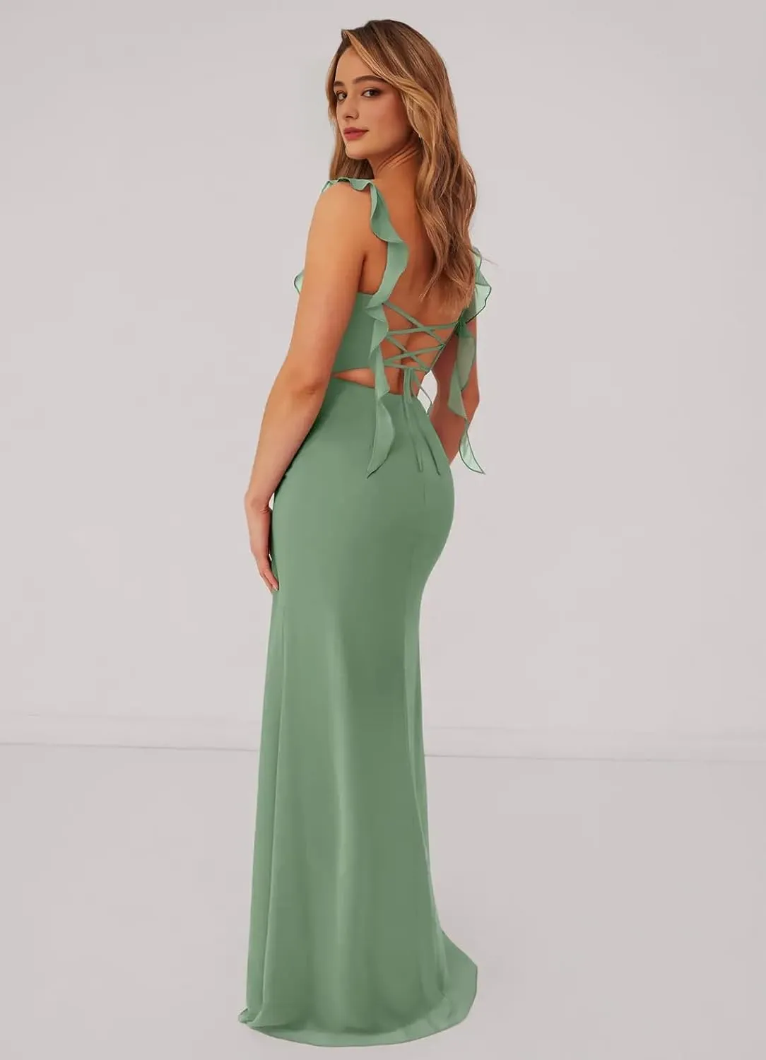 Ruffles Mermaid Bridesmaid Dresses for Women Spaghetti Straps Pleated Chiffon Long Formal Wedding Guest Dress with Slit