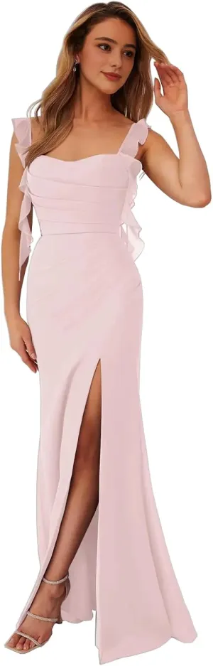 Ruffles Mermaid Bridesmaid Dresses for Women Spaghetti Straps Pleated Chiffon Long Formal Wedding Guest Dress with Slit