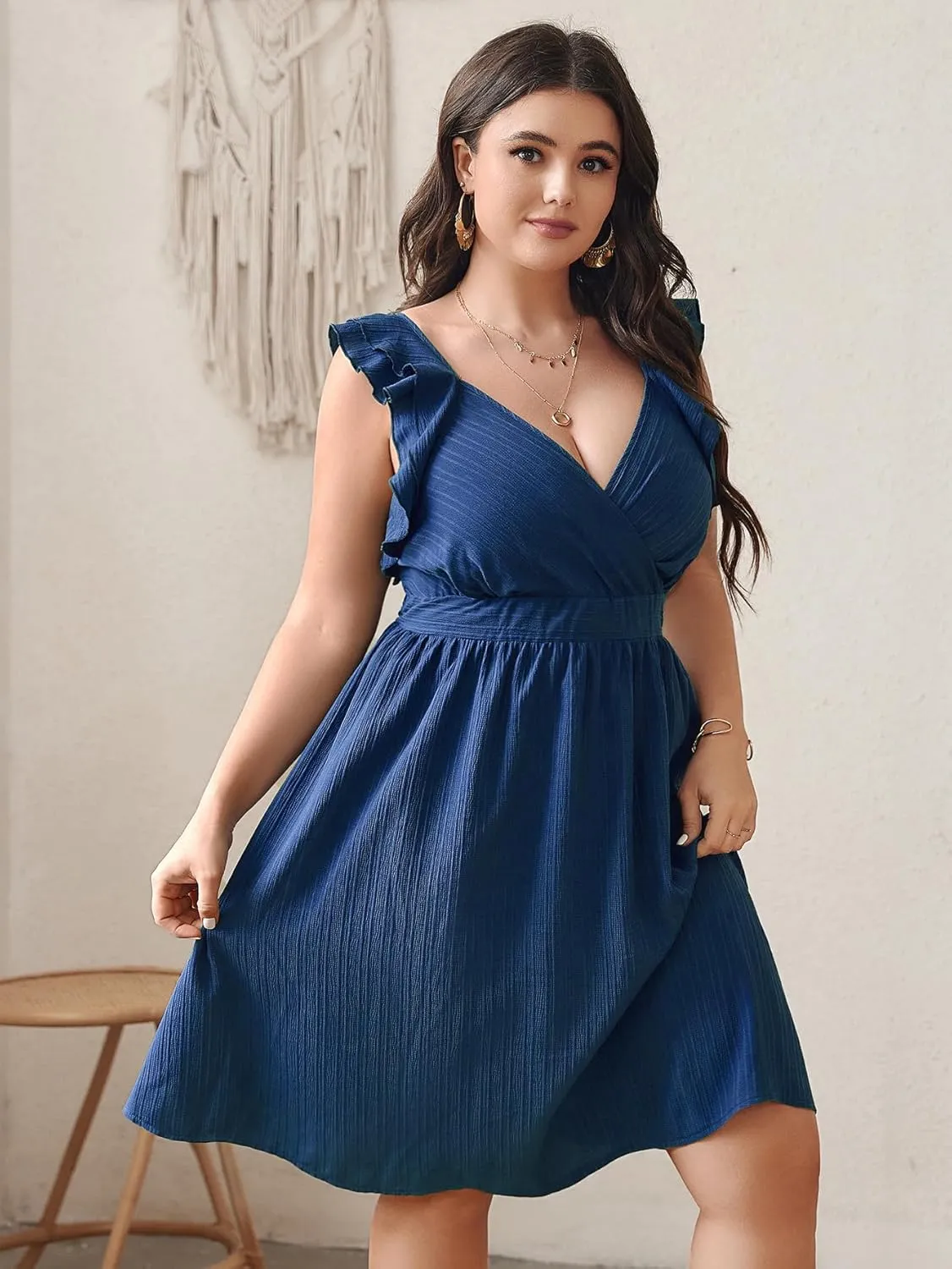SCOMCHIC Womens Plus Size Summer Dress Ruffle Cap Sleeve V Neck Swing A Line Cocktail Party Dresses