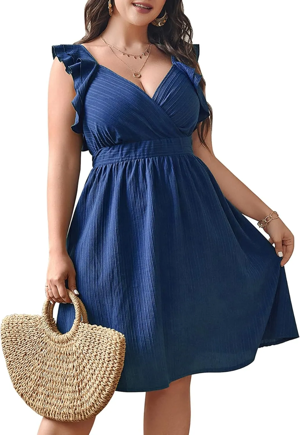 SCOMCHIC Womens Plus Size Summer Dress Ruffle Cap Sleeve V Neck Swing A Line Cocktail Party Dresses