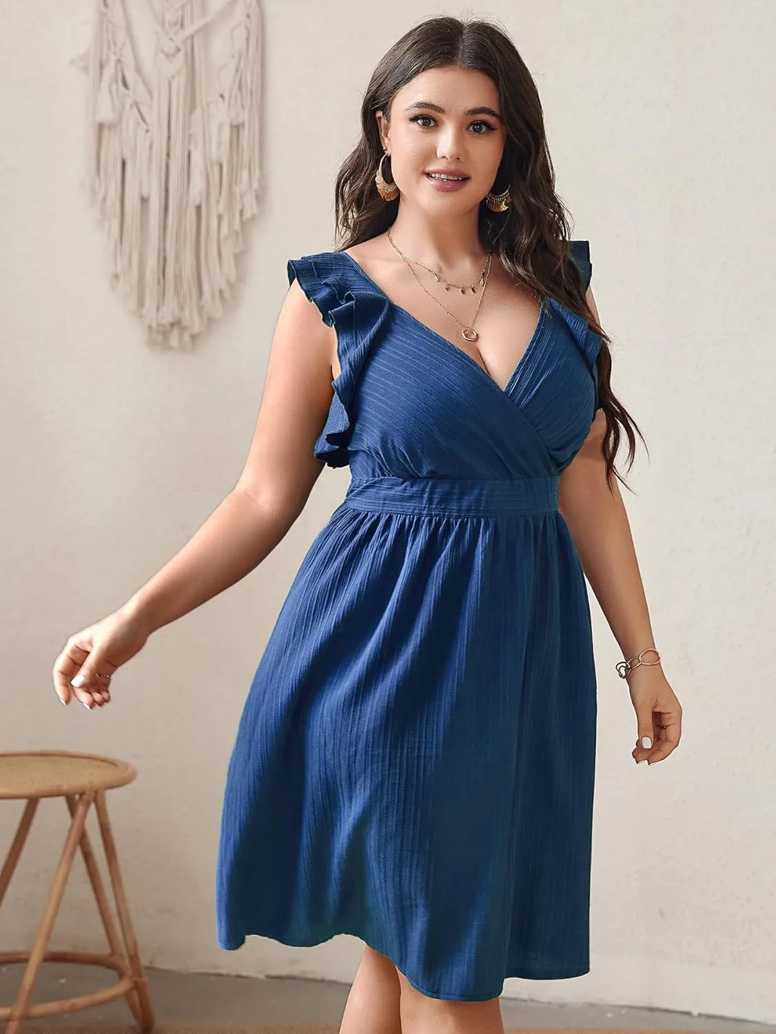 SCOMCHIC Womens Plus Size Summer Dress Ruffle Cap Sleeve V Neck Swing A Line Cocktail Party Dresses
