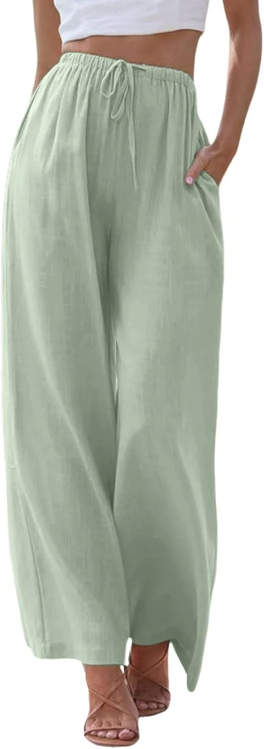 sdbrld Pantalones De Lino De Las Mujeres Linen Wide Leg Pants for Women Shorts Linen Pants Women Summer,Womens Linen Pants with Pockets High Waist Adjustable Knot Casual Trousers (Z41-Green, XXXL)