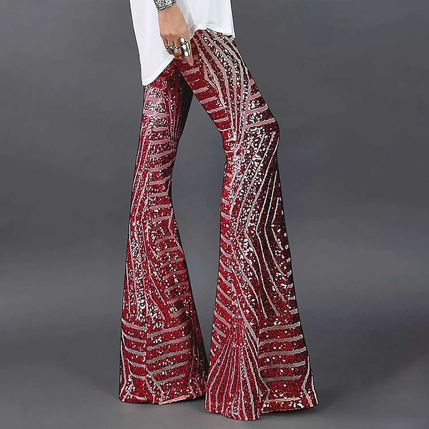 Sequin Pants Womens High Waist Bell Bottoms Glitter Wide Leg Palazzo Pants Night Club Sparkle Flared Trousers