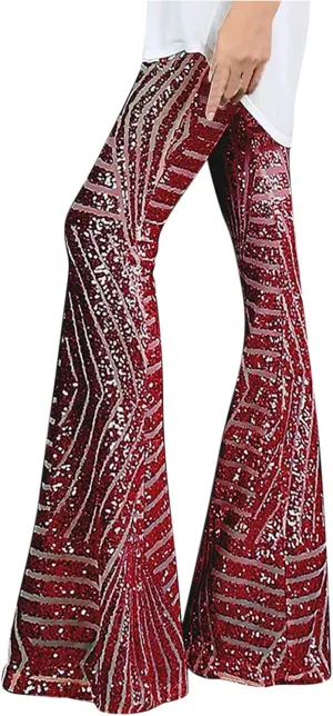 Sequin Pants Womens High Waist Bell Bottoms Glitter Wide Leg Palazzo Pants Night Club Sparkle Flared Trousers
