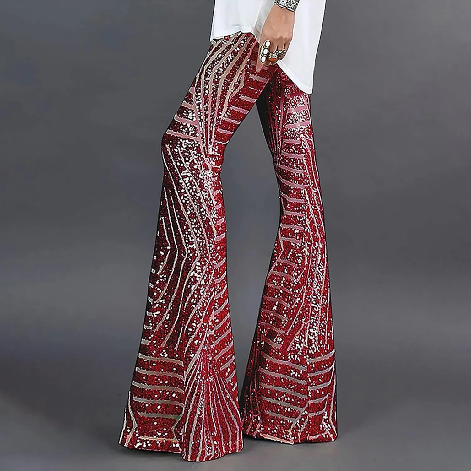 Sequin Pants Womens High Waist Bell Bottoms Glitter Wide Leg Palazzo Pants Night Club Sparkle Flared Trousers
