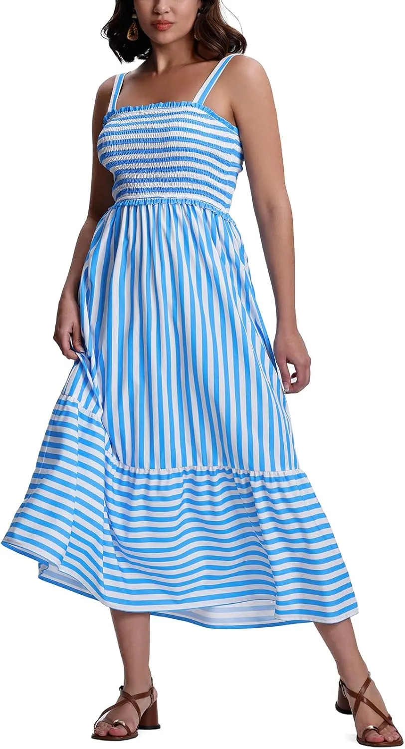 SeSe Code Womens Summer Maxi Dress Smocked Sleeveless Beach Vacation Casual Long Sundress