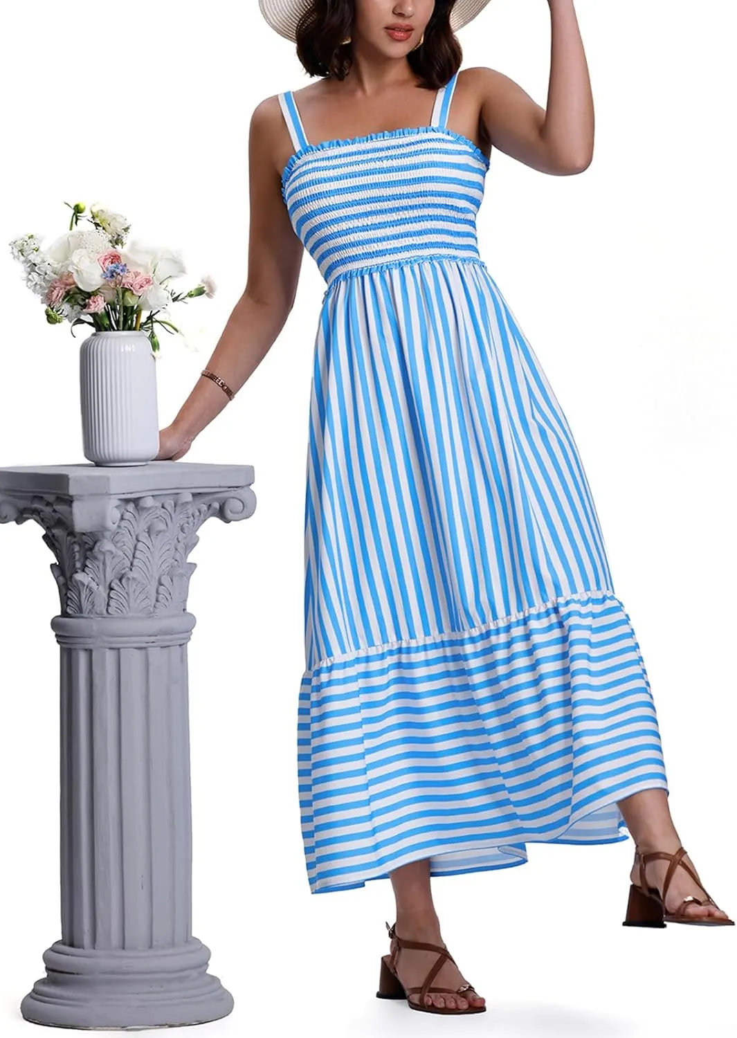 SeSe Code Womens Summer Maxi Dress Smocked Sleeveless Beach Vacation Casual Long Sundress