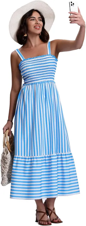 SeSe Code Womens Summer Maxi Dress Smocked Sleeveless Beach Vacation Casual Long Sundress