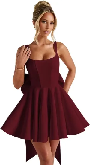 Short Satin Homecoming Dresses with Bow A Line Corset Open Back Mini Cocktail Party Gown