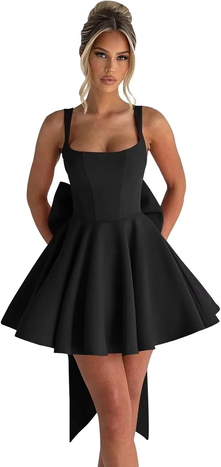 Short Satin Homecoming Dresses with Bow A Line Corset Open Back Mini Cocktail Party Gown