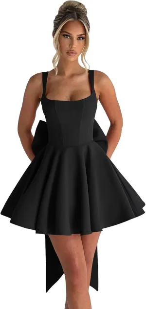 Short Satin Homecoming Dresses with Bow A Line Corset Open Back Mini Cocktail Party Gown
