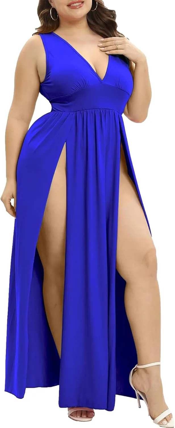 SILUI Women's Summer 2025 Sexy Double High Slit Deep V Neck Plus Size Sundresses Thigh Split Maxi Club Party Dresses