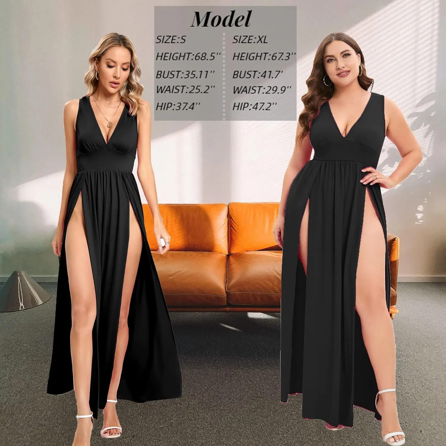 SILUI Women's Summer 2025 Sexy Double High Slit Deep V Neck Plus Size Sundresses Thigh Split Maxi Club Party Dresses