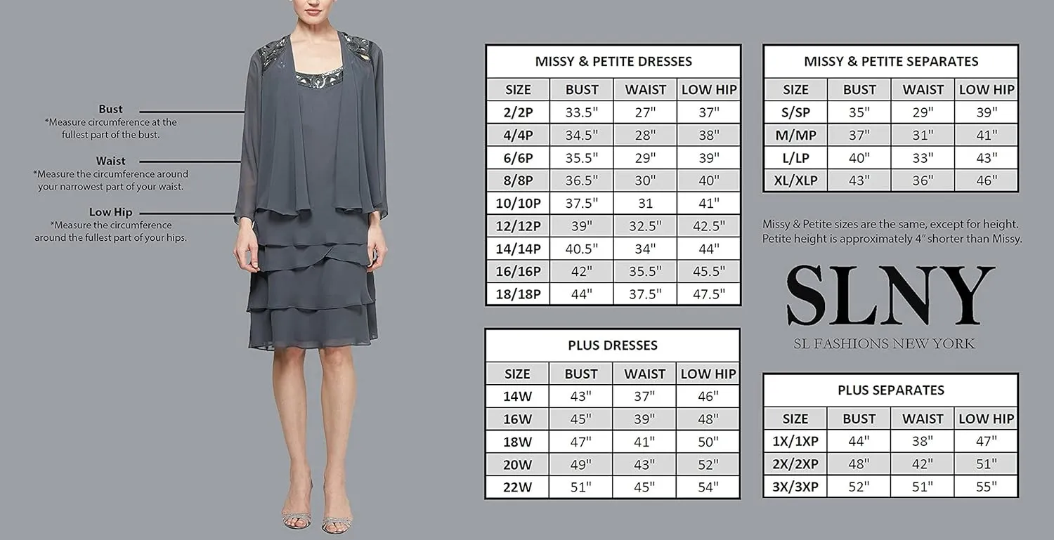 S.L. Fashions Women's Midi Length Beaded V-Neck Tiered Dress with Cascade Jacket