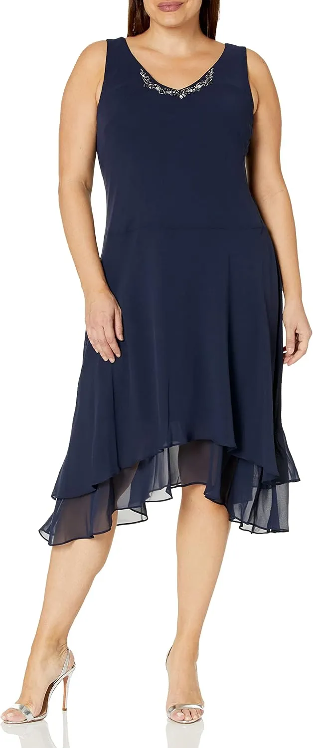S.L. Fashions Women's Midi Length Beaded V-Neck Tiered Dress with Cascade Jacket