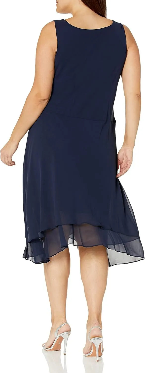 S.L. Fashions Women's Midi Length Beaded V-Neck Tiered Dress with Cascade Jacket