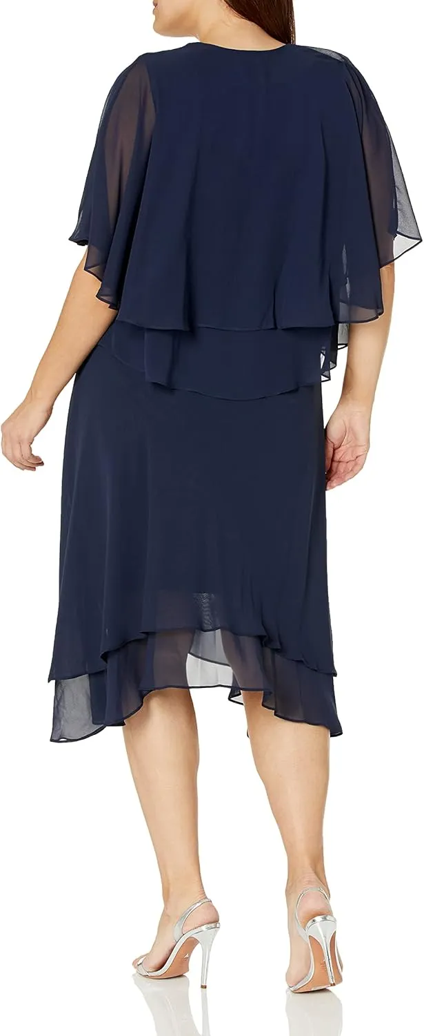 S.L. Fashions Women's Midi Length Beaded V-Neck Tiered Dress with Cascade Jacket