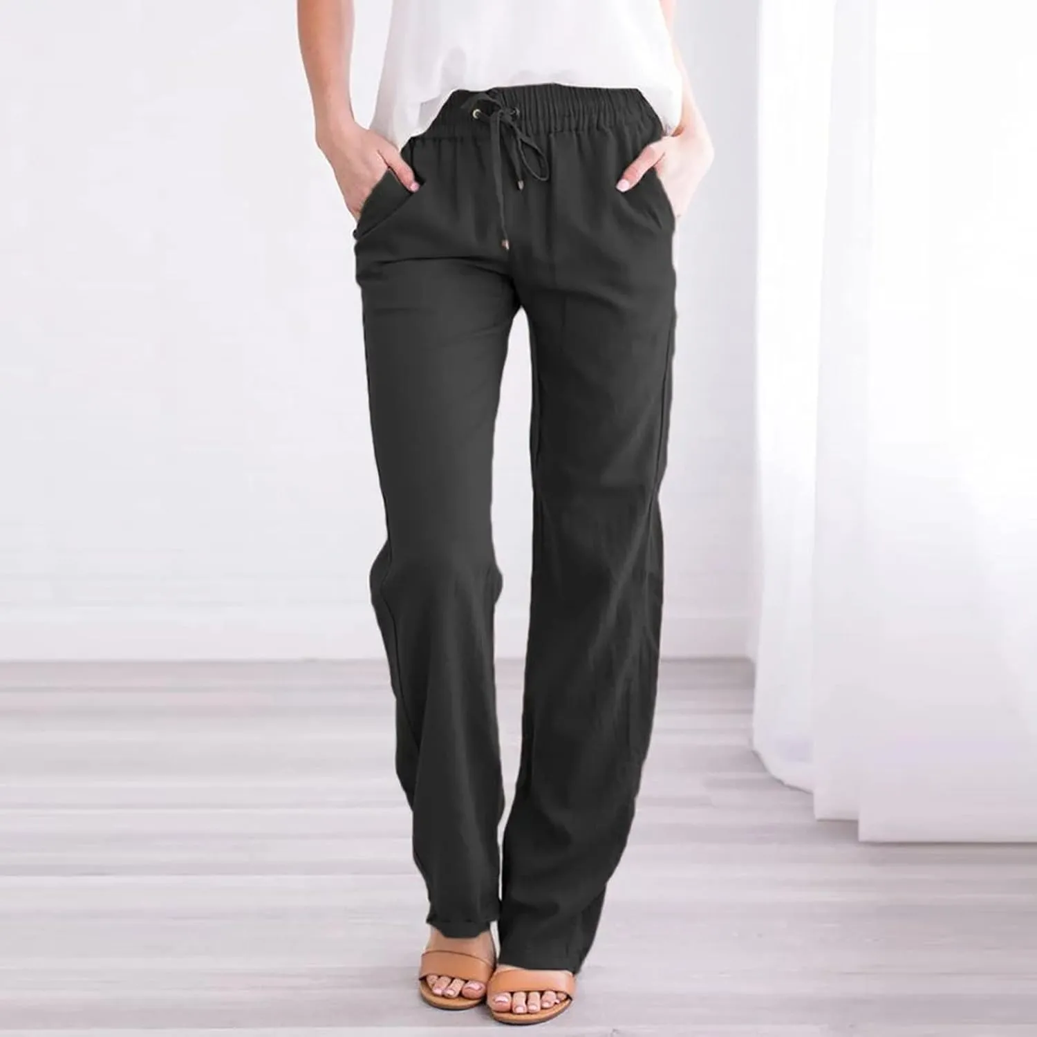 SMIDOW Sweatpants Women 2023 Casual Loose Drawstring Elastic High Waist Comfy Trousers Straight Leg Long Lounge Pant