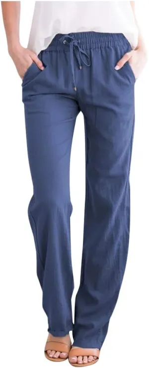 Solid Plain Linen Pants Women Casual Cotton Linen Drawstring Elastic Waist Long Straight Pants Spring Summer Trousers
