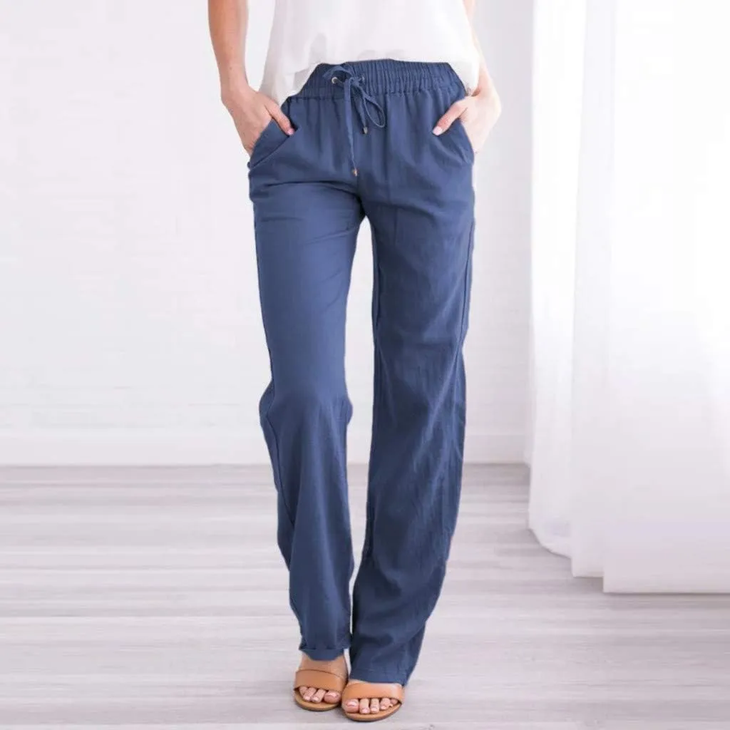 Solid Plain Linen Pants Women Casual Cotton Linen Drawstring Elastic Waist Long Straight Pants Spring Summer Trousers
