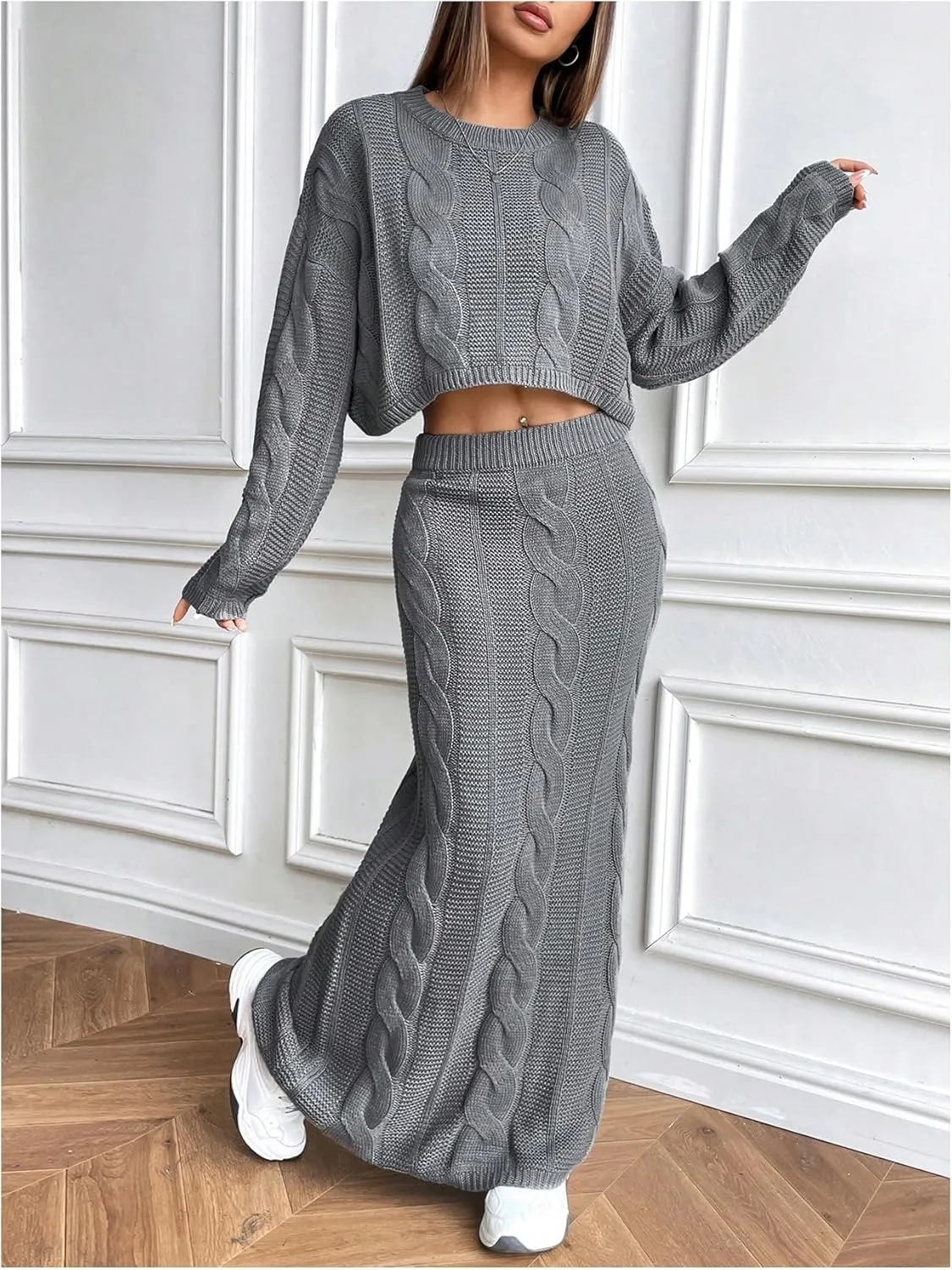 SOLY HUX Women's Sweater Outfits Set Cable Knit Long Sleeve Crop Top Bodycon Maxi Skirts 2 Piece Sets