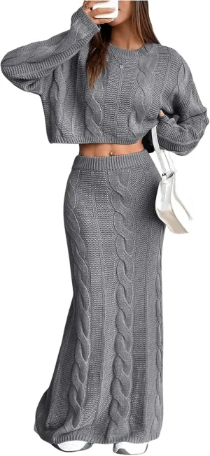SOLY HUX Women's Sweater Outfits Set Cable Knit Long Sleeve Crop Top Bodycon Maxi Skirts 2 Piece Sets