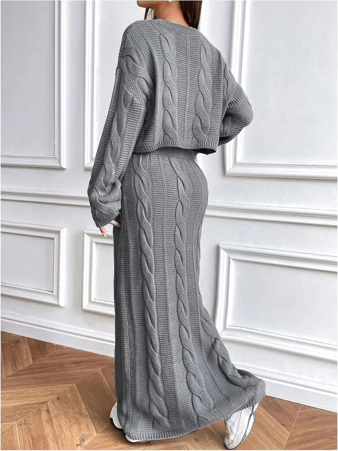 SOLY HUX Women's Sweater Outfits Set Cable Knit Long Sleeve Crop Top Bodycon Maxi Skirts 2 Piece Sets