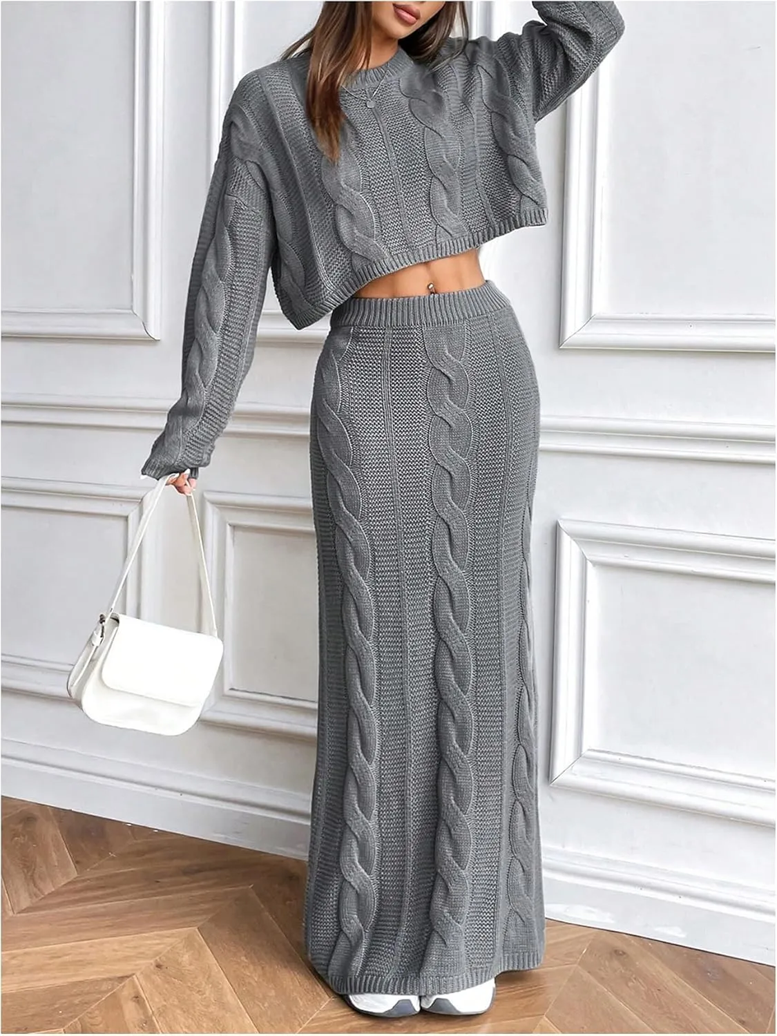 SOLY HUX Women's Sweater Outfits Set Cable Knit Long Sleeve Crop Top Bodycon Maxi Skirts 2 Piece Sets