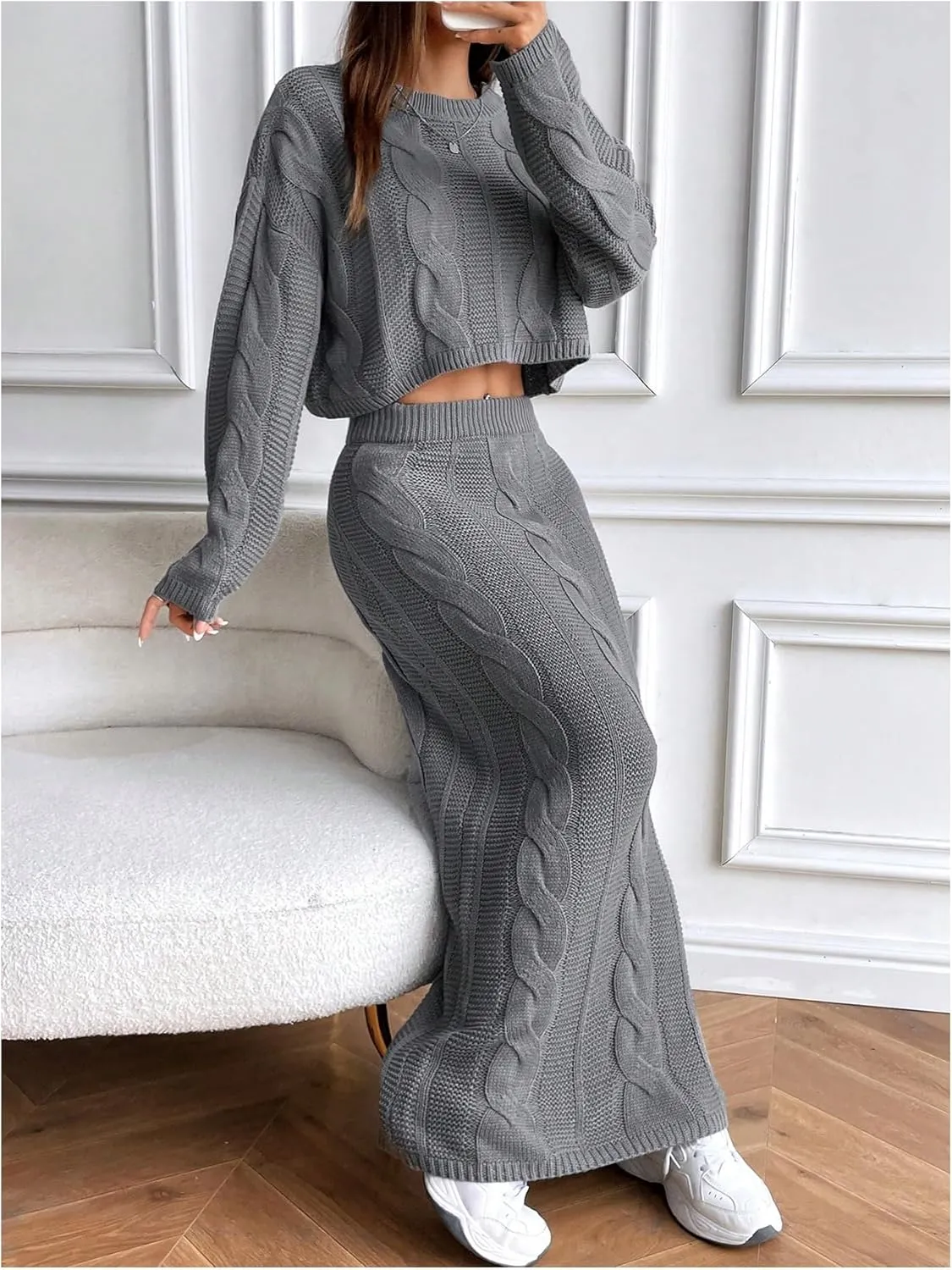 SOLY HUX Women's Sweater Outfits Set Cable Knit Long Sleeve Crop Top Bodycon Maxi Skirts 2 Piece Sets
