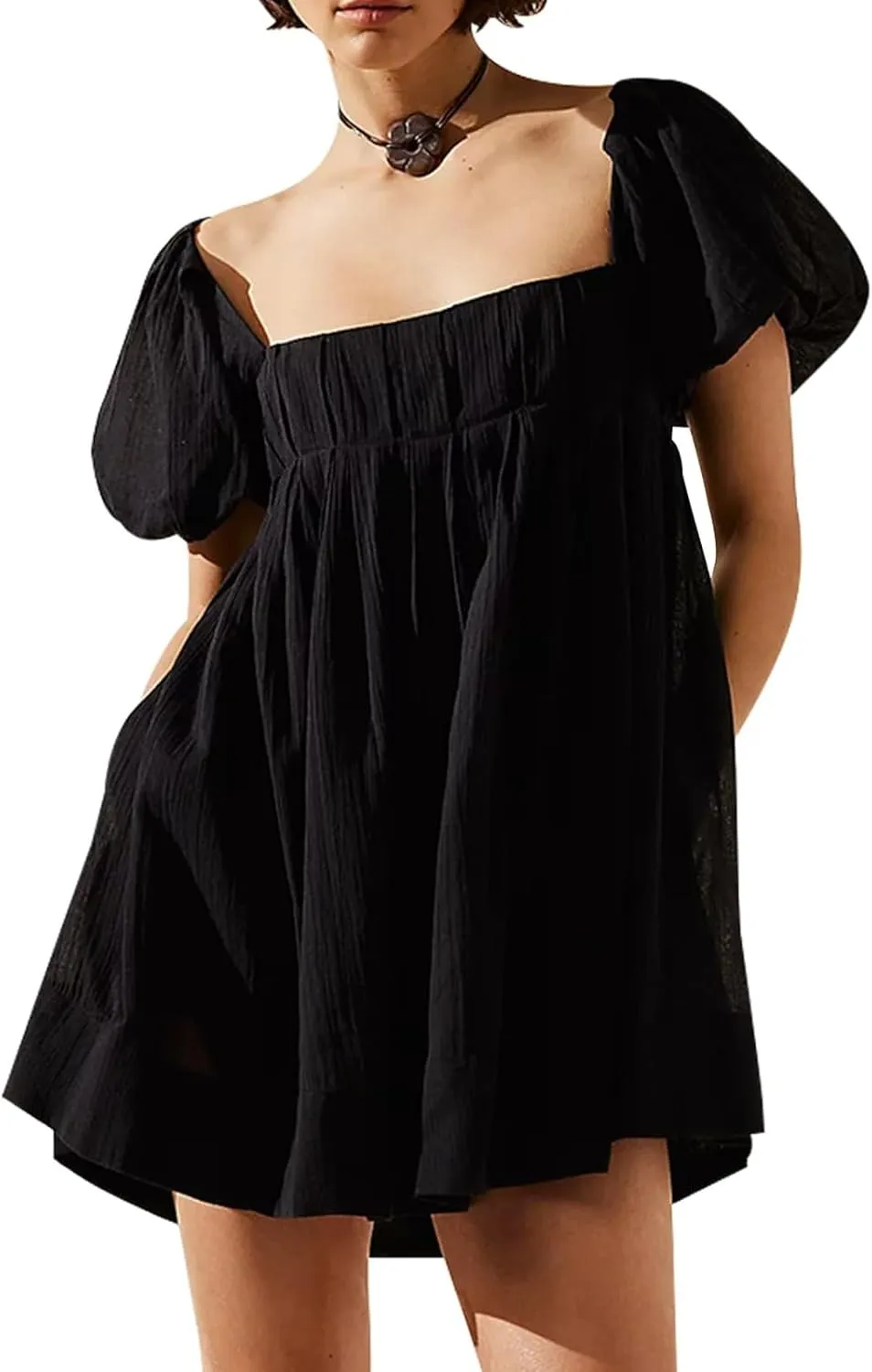 Square Neck Babydoll Mini Dress for Women Puff Sleeve Casual A Line Short Dress Backless Flowy Beach Sundress